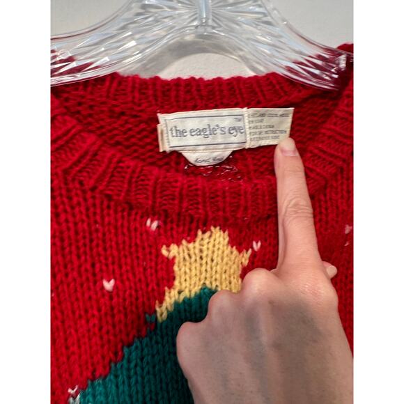 Vintage Wool Ugly Christmas Sweater Hand Knit Tree and Gifts Red Green Medium JL - Picture 7 of 11